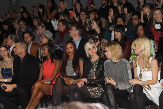 Front row at Nicole Miller: Nigel Barker,  Nichole Galacia, Eve, Ashlee Simpson, Leigh Lezark of the Misshapes, and Tinsley Mortimer